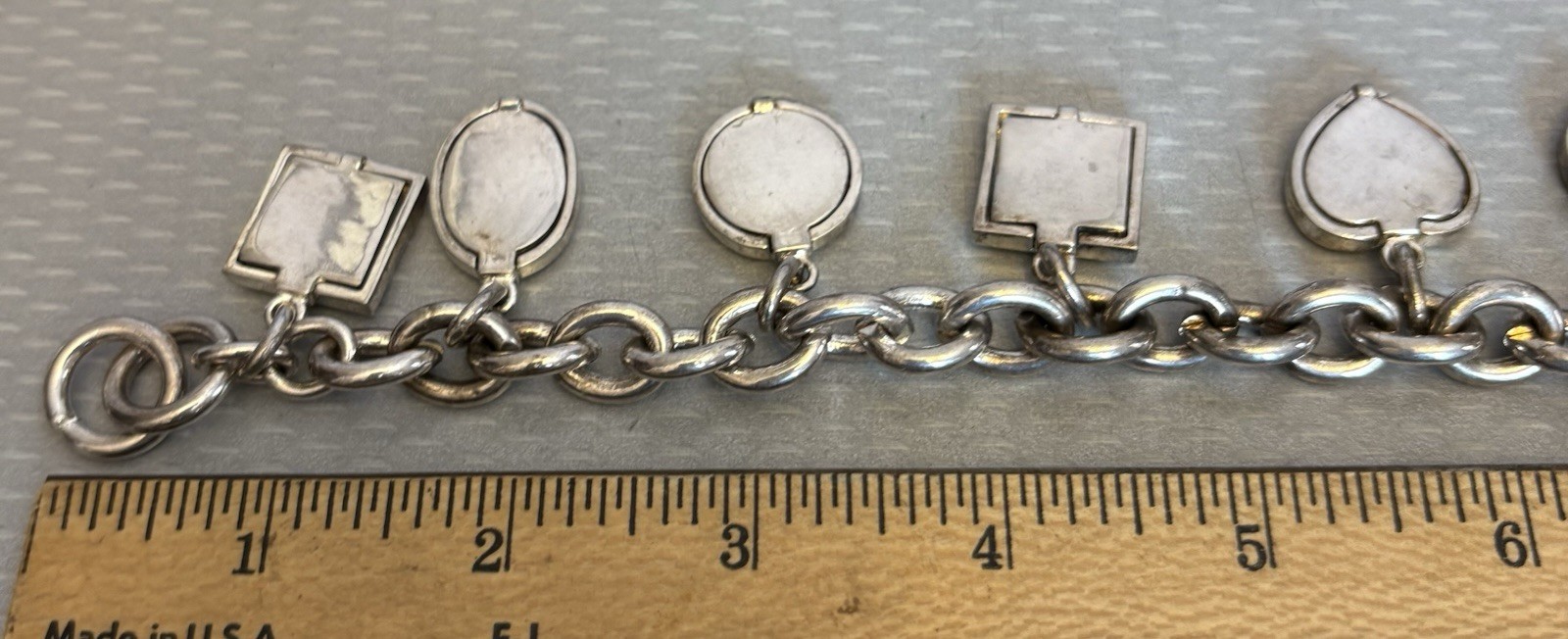 Vintage Photo Locket Charm Bracelet Silverplated Toggle 8” Heart Oval Square 6P