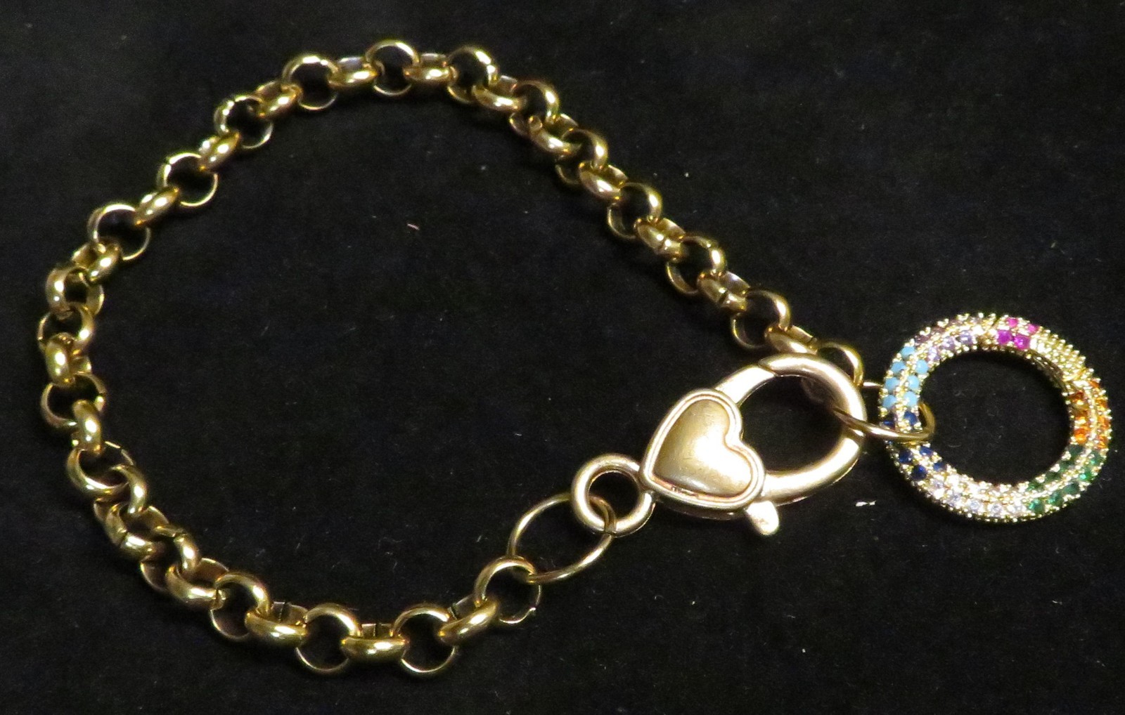 Vintage Heart Clasp 8″ Bracelet Gold Tone Multi Color Rhinestone Circle Ring GUC
