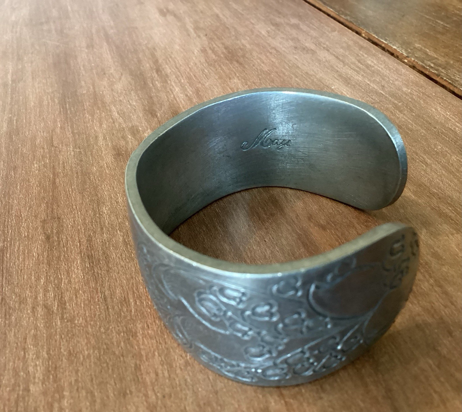 Salisbury Pewter Cuff Bracelet May Birthday Lily of the Valley + Box+Care Inst.