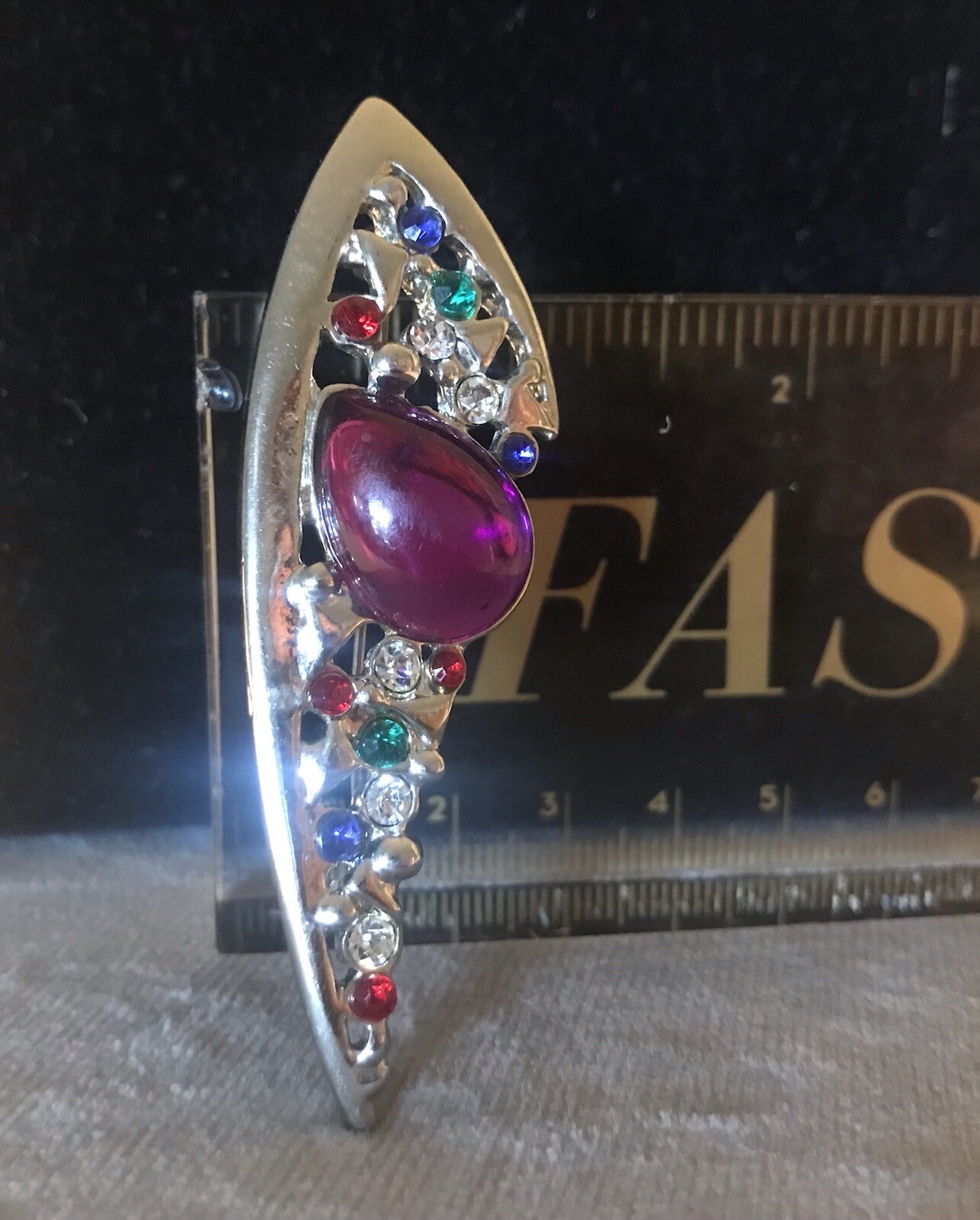 Colorful 80’s Look Brooch Purple Cabochon Central Stone w/White Red Green Blue