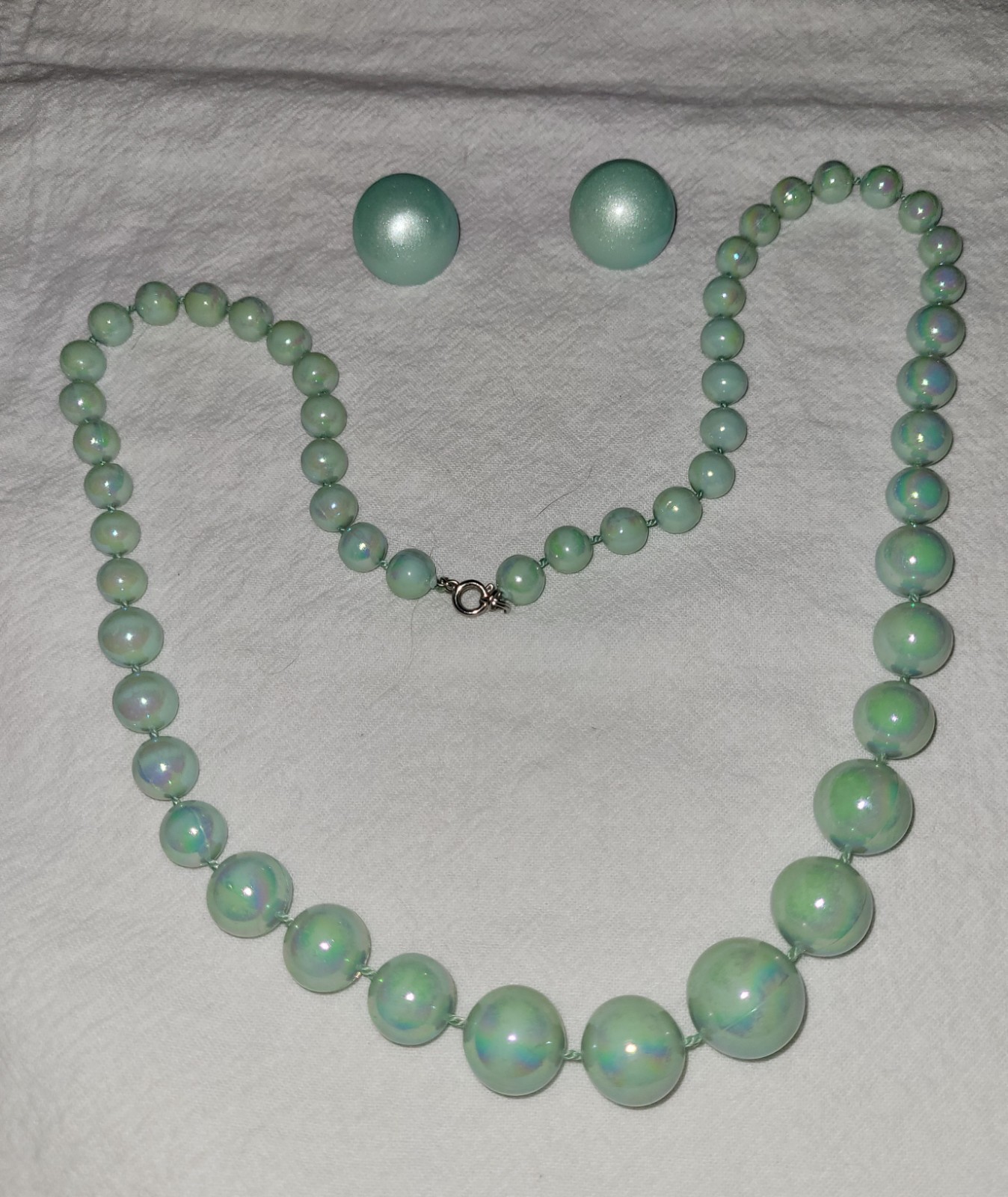 Vintage Teal Blue Aqua Acrylic Iridescent Beaded Necklace W Matching Earrings