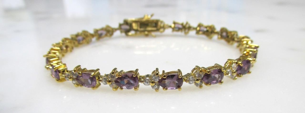 DBJ Amethyst & Clear Stone Gold Plated Sterling Silver Bracelet ~ 12g ~ 9-A506