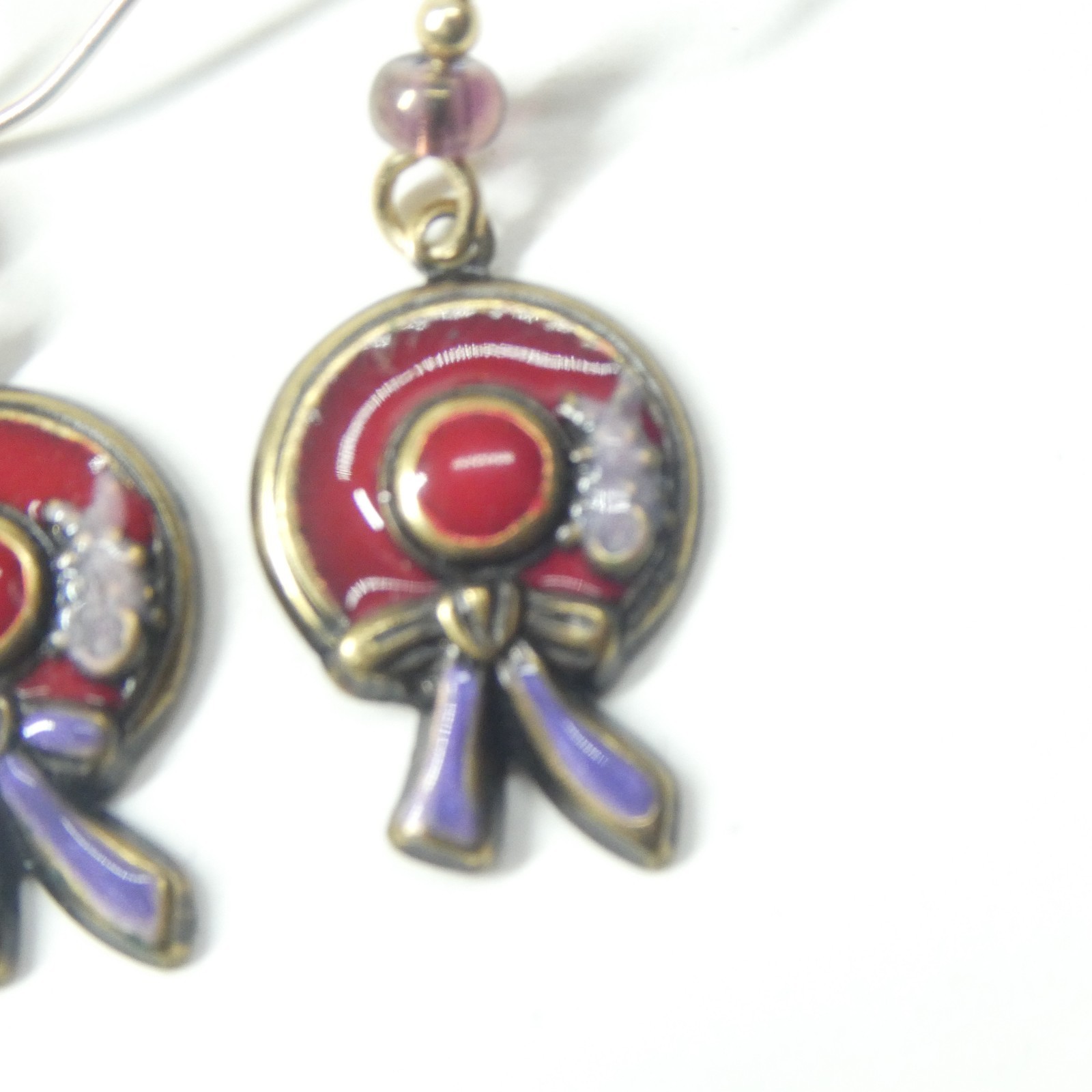 Red Hat Society Enamel Dangle Earrings w/Purple Ribbon