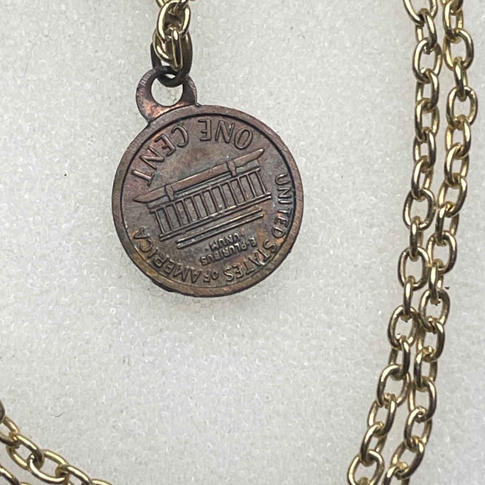 Miniature 1964 penny 1cm Coin Charm Pendent Necklace Vintage 18” gold tone chain