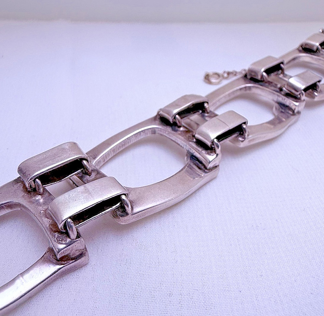 Vintage Modernist Belgiorno 900 Silver Bracelet 1970s Argentina 95.3 g 7.25 in