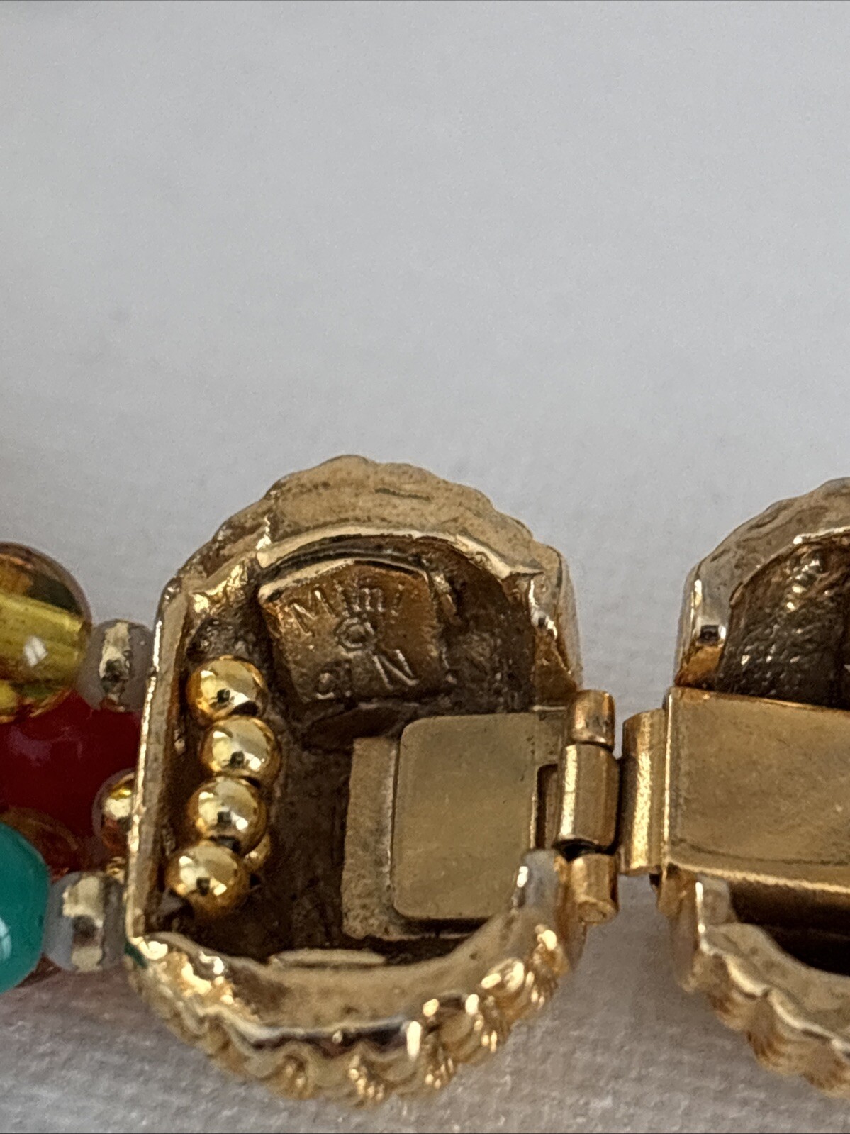 Vintage Mimi di N Beaded Necklace 1970s Designer Gold Red Green Collar