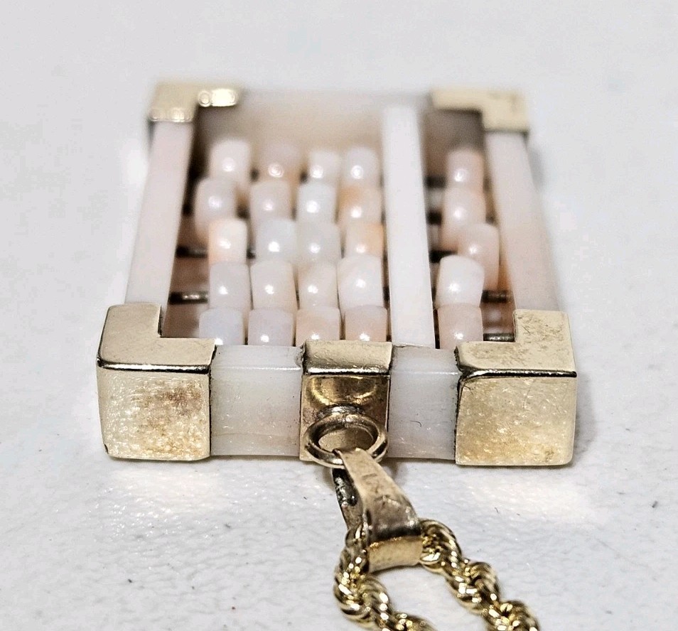 Vintage 14K Gold Angel Skin Coral Abacus Pendant 2mm Rope Chain Necklace 18-3/4″