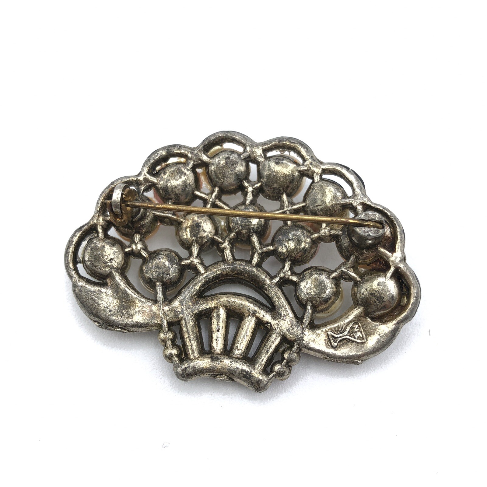 Vintage New England Glass Works Brooch Pastel Pearl Rhinestone Basket Brooch