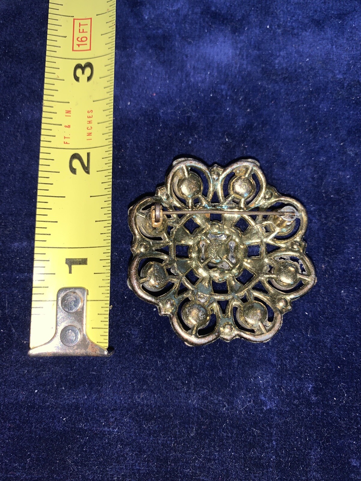 Vintage New England Glass Works Pink And Blue Rhinestones Faux Pearl Brooch Pin