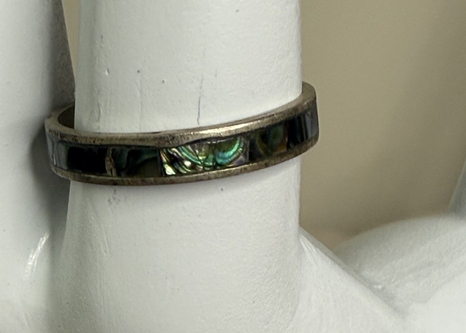 Vintage Abalone Shell Inlay Ring Band Boho Estate Jewelry Size 8