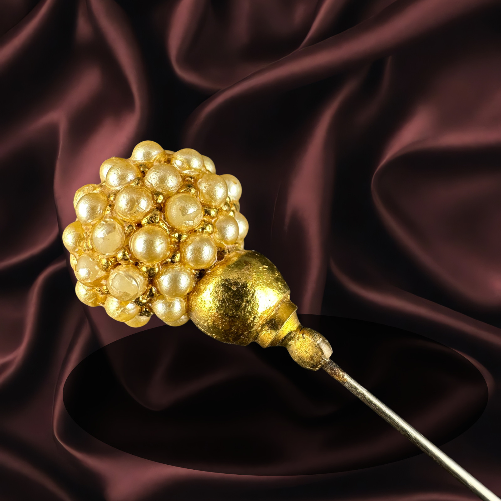 Vintage Hat Stick Pin Gold Tone Faux Seed Pearl Cluster Studded Head 4.25″
