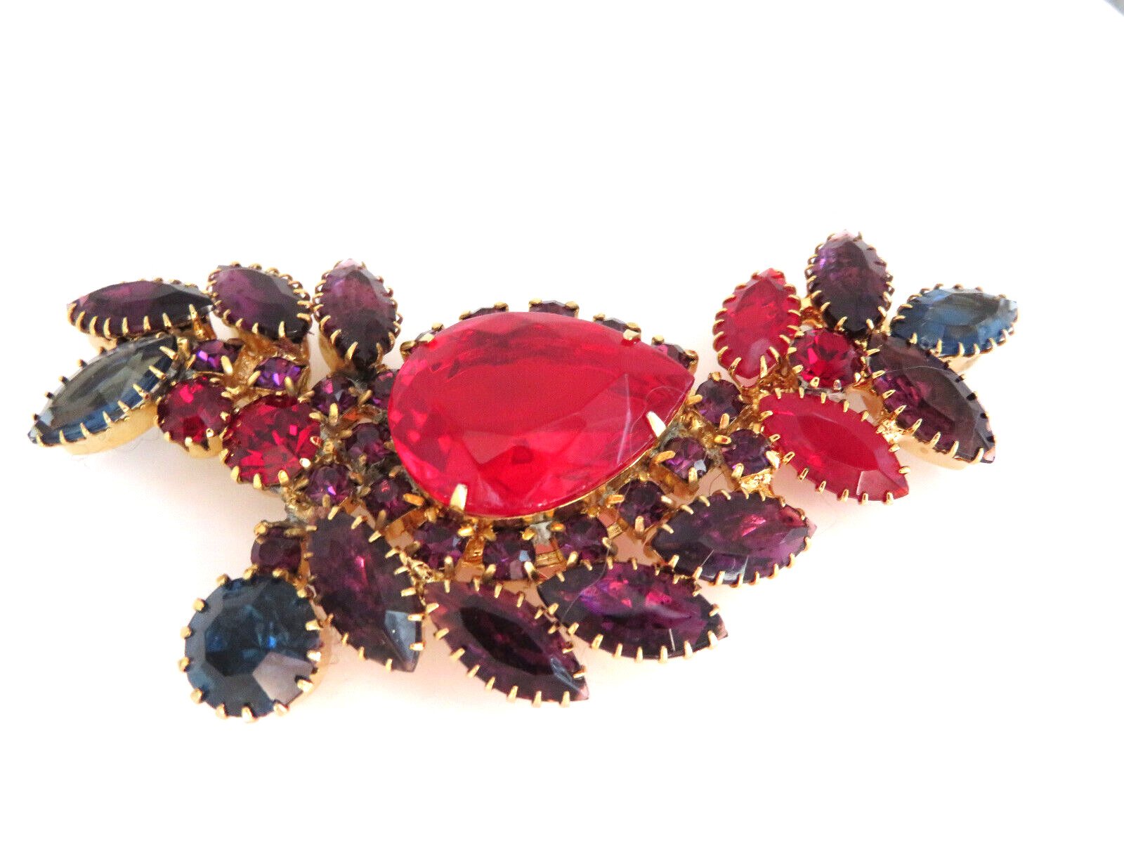 Estate Statement Leaf Rhinestone Pin Brooch Red Purple and Blue Gold tone As is