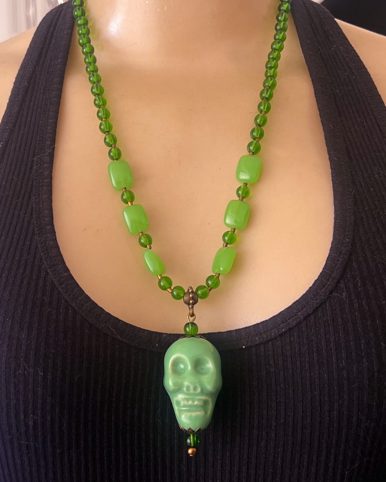 Artisan Necklace Huge Green Porcelain Skull Pendant Glass & Agate Beads