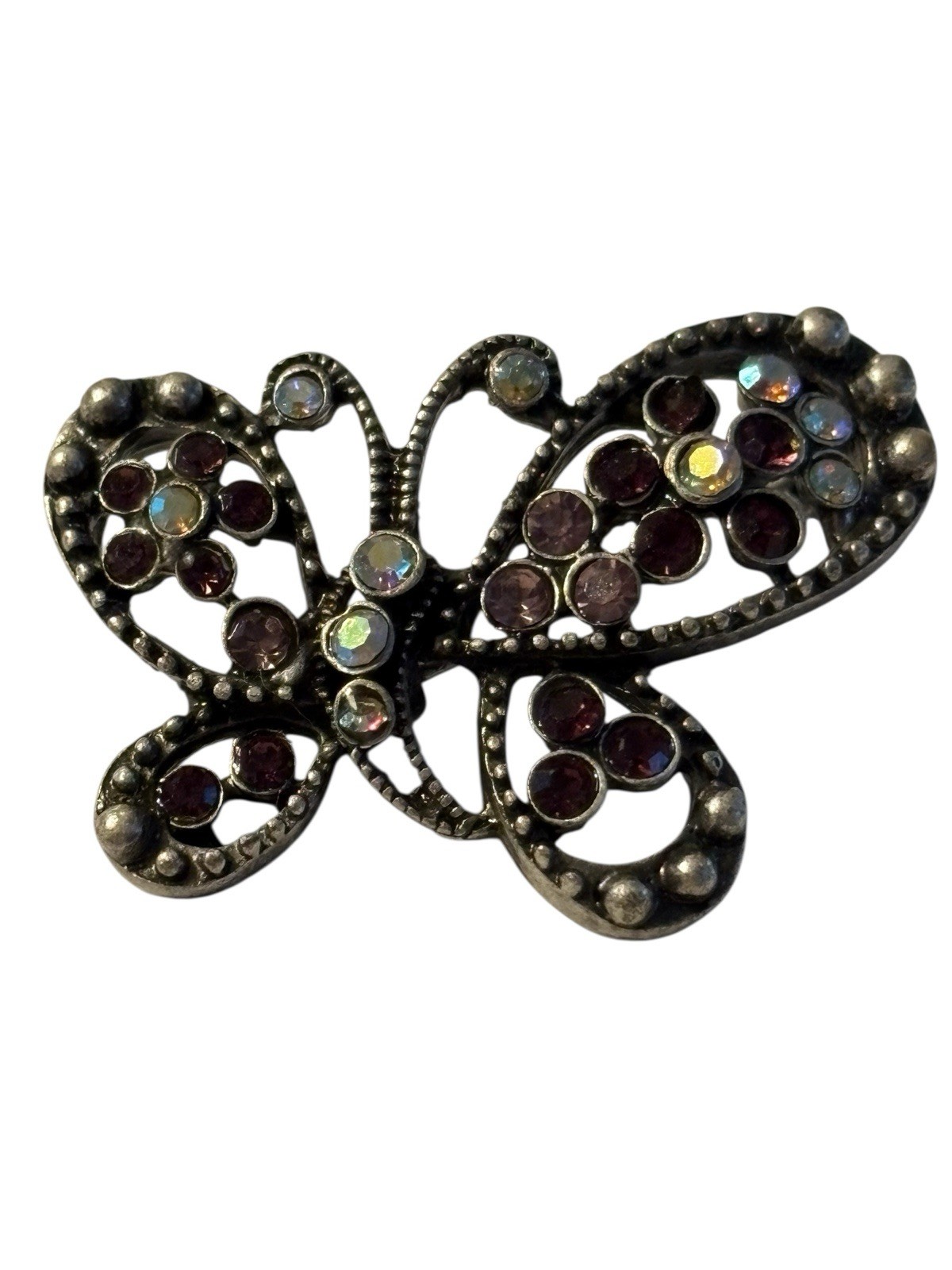 Butterfly Brooch Pin Silver Tone Purple Aurora Borealis Rhinestones Textured VTG
