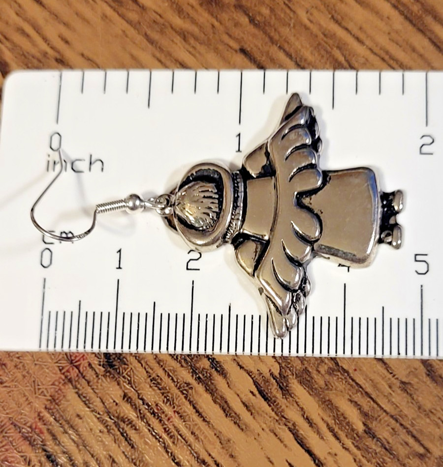 Vintage Sterling Silver 925 Angel Dangle Earrings Textured Wings Folk Art