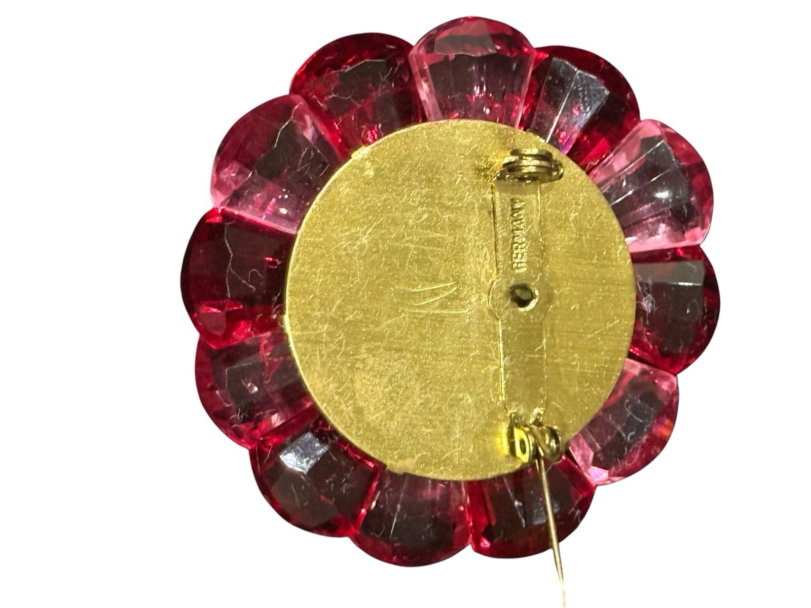 Signed Germany Pink, Red, Fuchsia Mid Century Vintage Lucite Flower Brooch