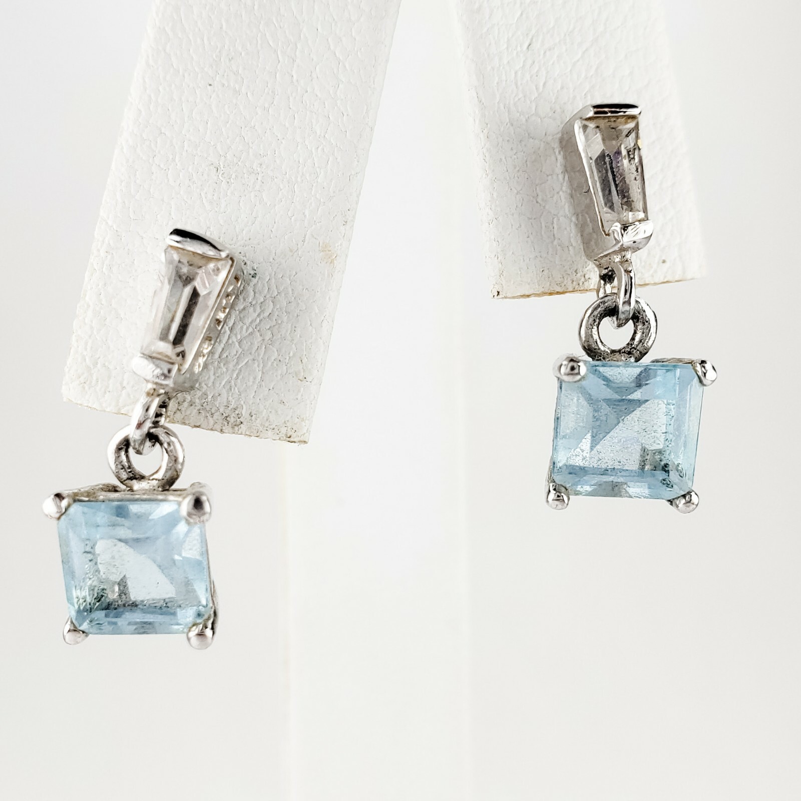 Sterling Silver 925 Pale Blue Topaz and Clear CZ Dangle Post Earrings Signed ATI