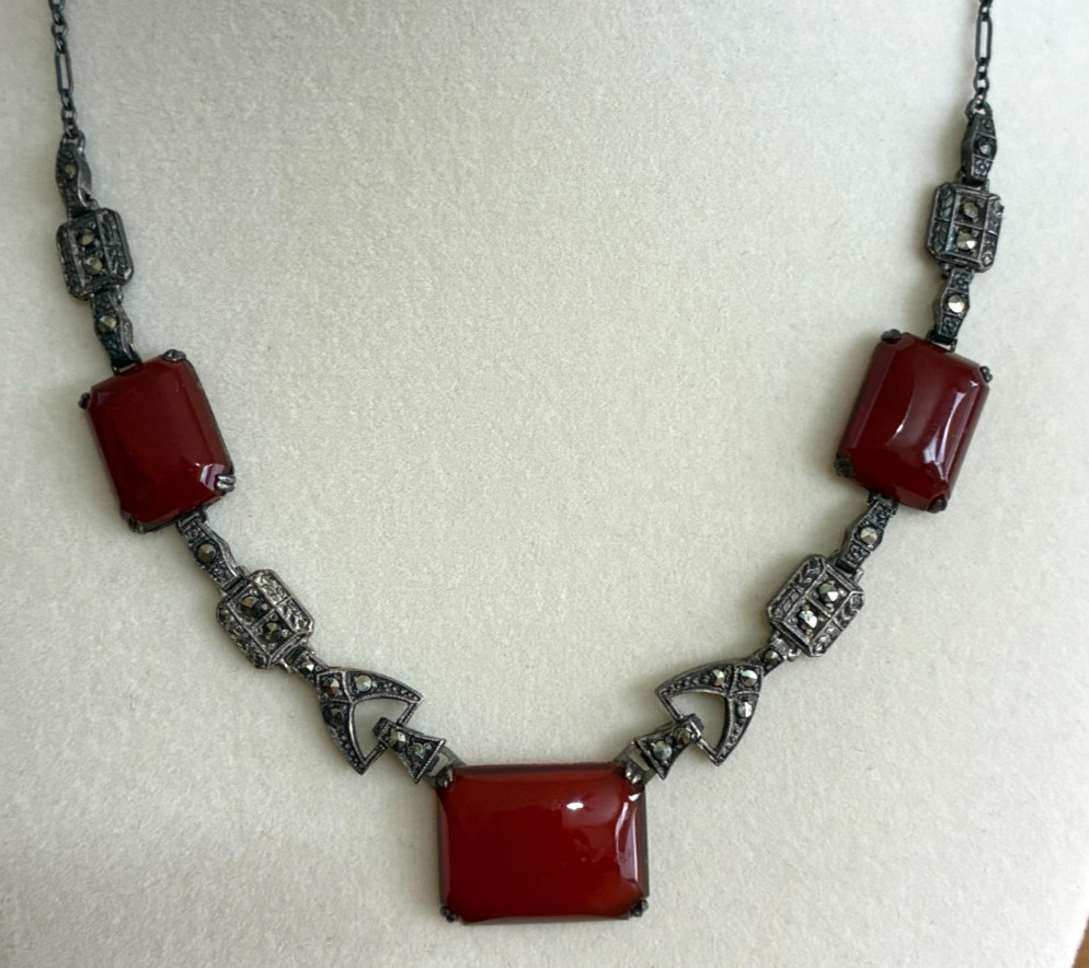 Antique Art Deco Carnelian Glass Sterling Silver & Rhinestones Necklace 16″