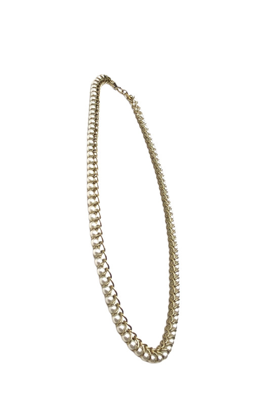 Vintage Gold Tone Faux Pearl Necklace Curb Linked Wire Wrapped 17” Costume GUC