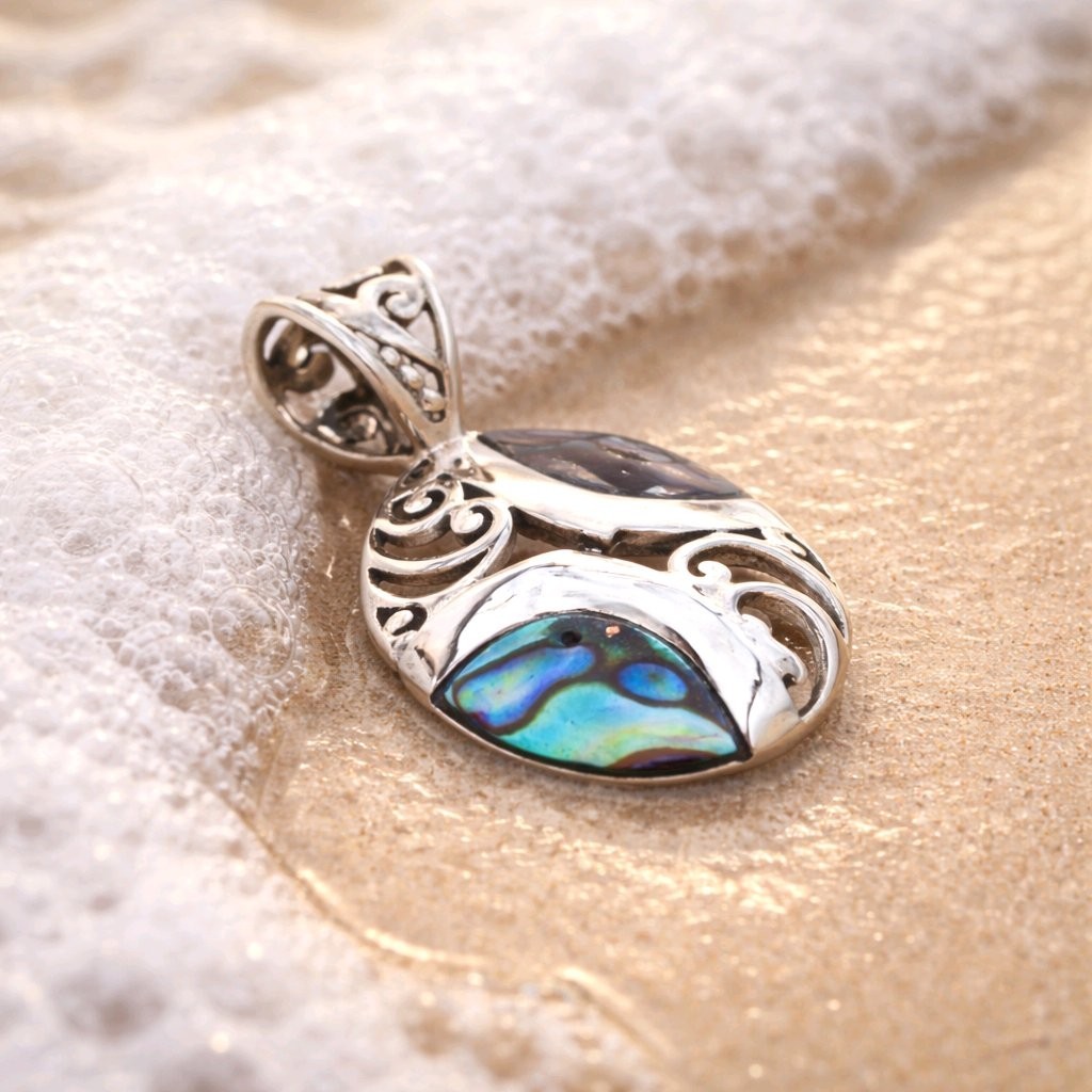 Abalone Pendant Sterling Silver Paua Shell Necklace Bali Swirl Filigree 925
