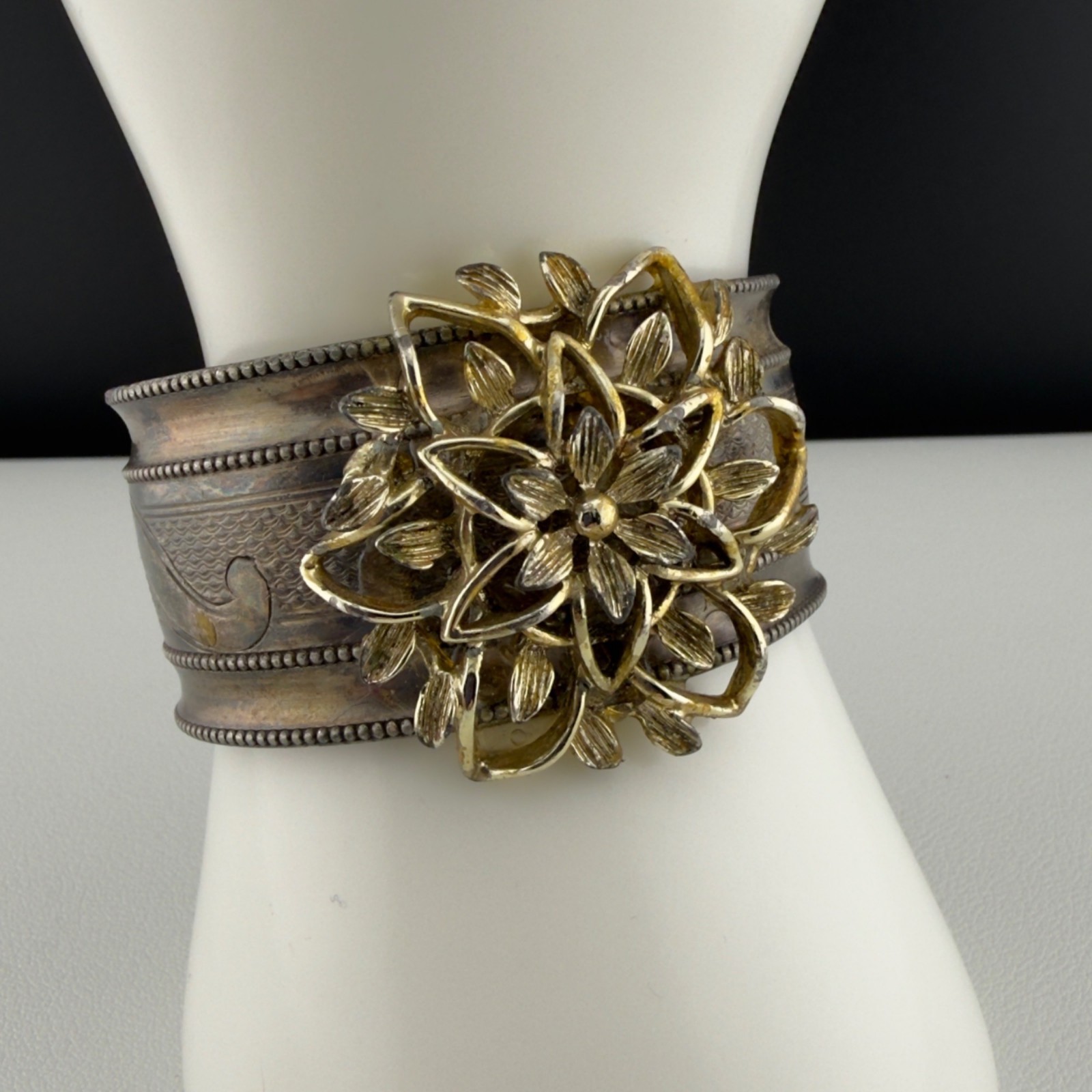 Vintage Cuff Statement Bracelet Aged Gold Tone Flower Silver Tone Patina Wide