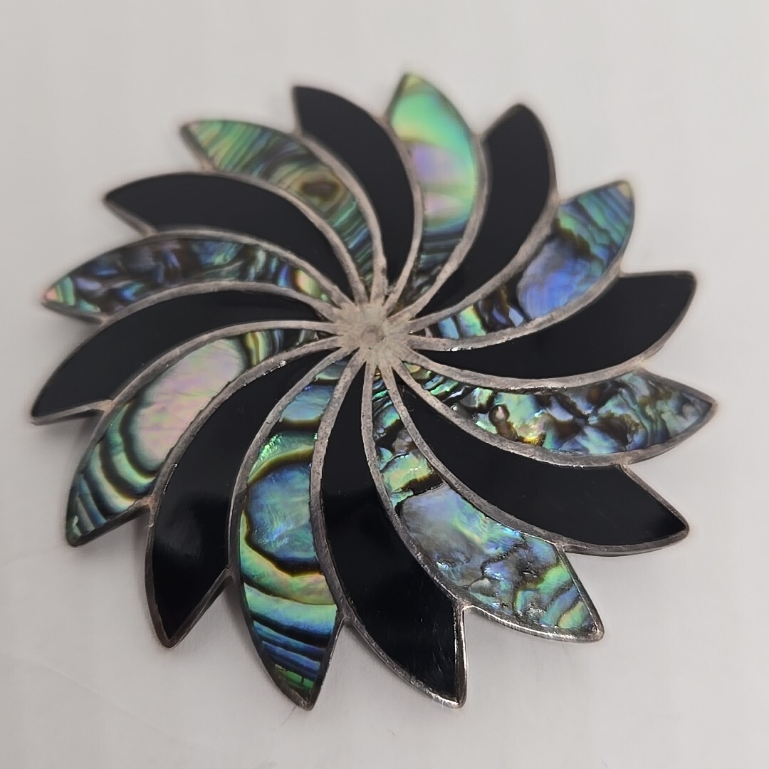 OCAMPO MEX TAXCO STERLING BROOCH W/INLAID ENAMEL & ABALONE SHELL 925 2-1/4″