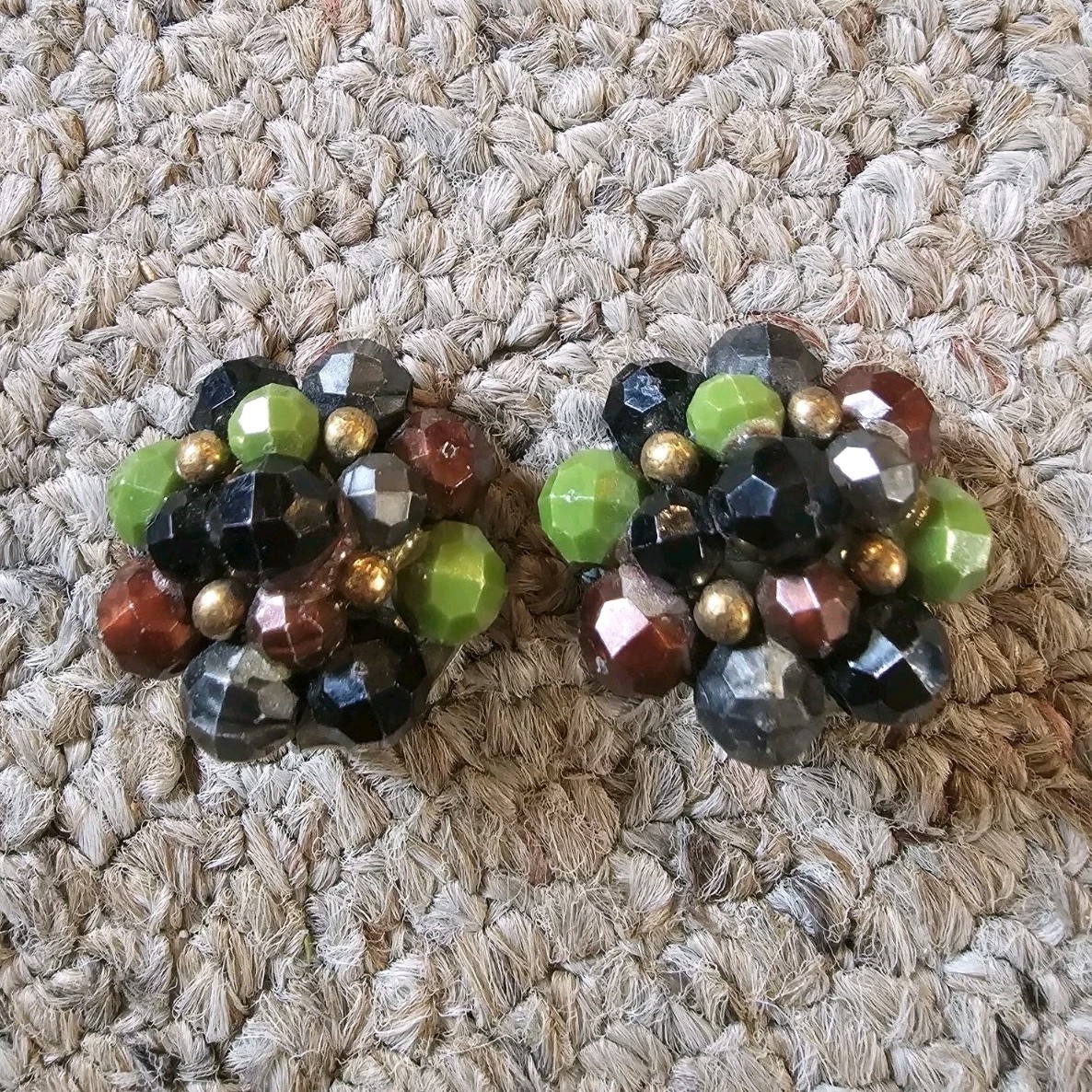 Vintage Multicolor Glass Beaded Cluster Round Clip-On Earrings