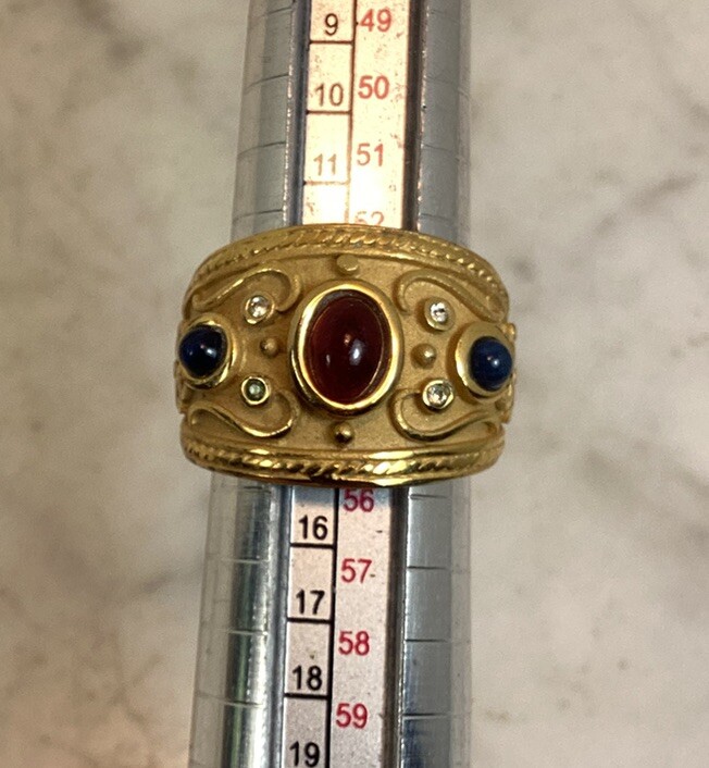 Vintage Gold Plated Byzantine Greek Faux Ruby Sapphire Peridot Ring Size 7