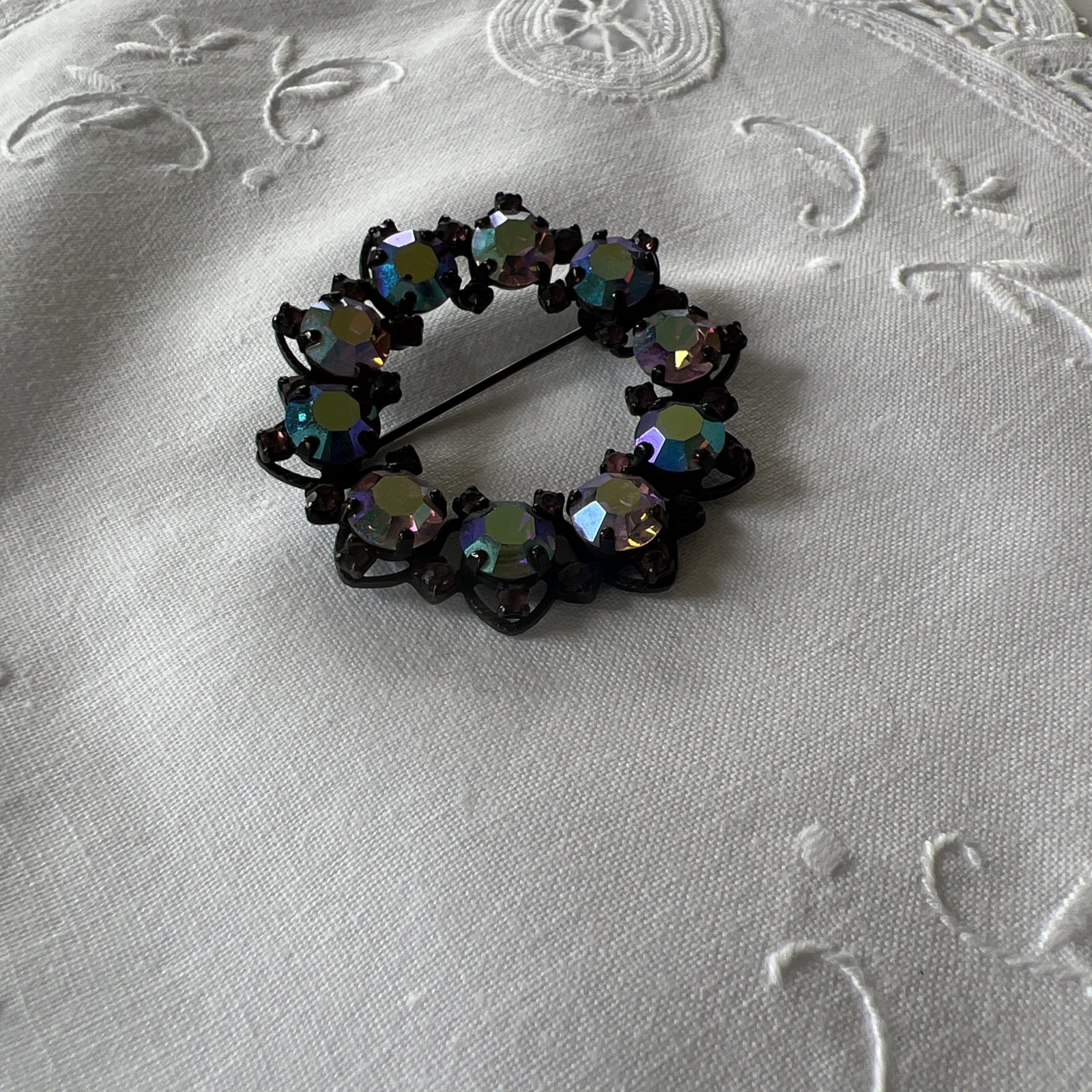 Vintage Joseph Warner Signed Pinks & Purples AB Rhinestone Brooch 2” Rd