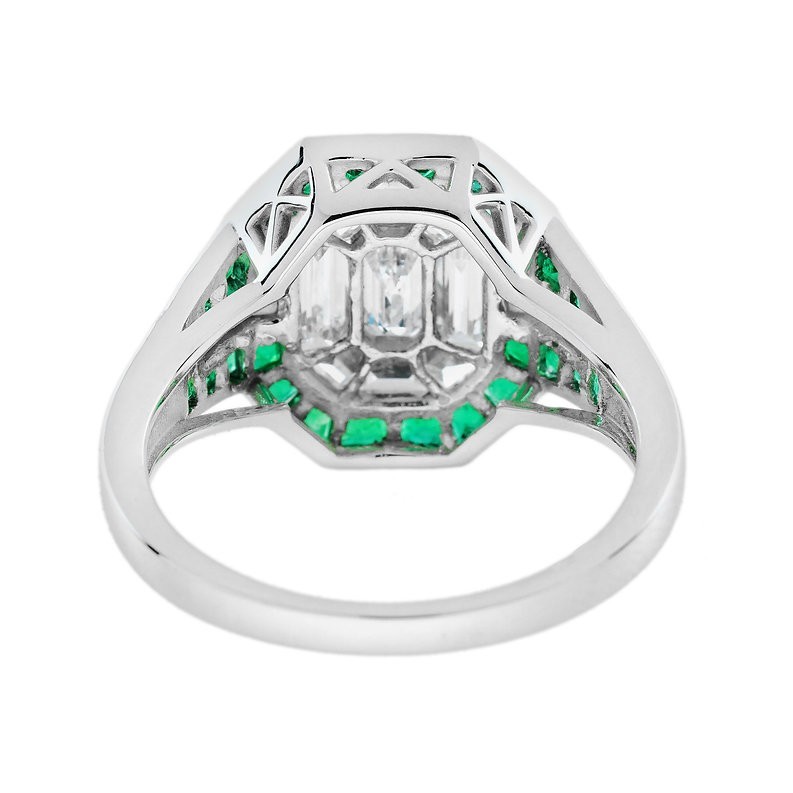 Art Deco 3Ct Lab Created Diamond and Emerald Anniversary 14K White Gold FN Ring