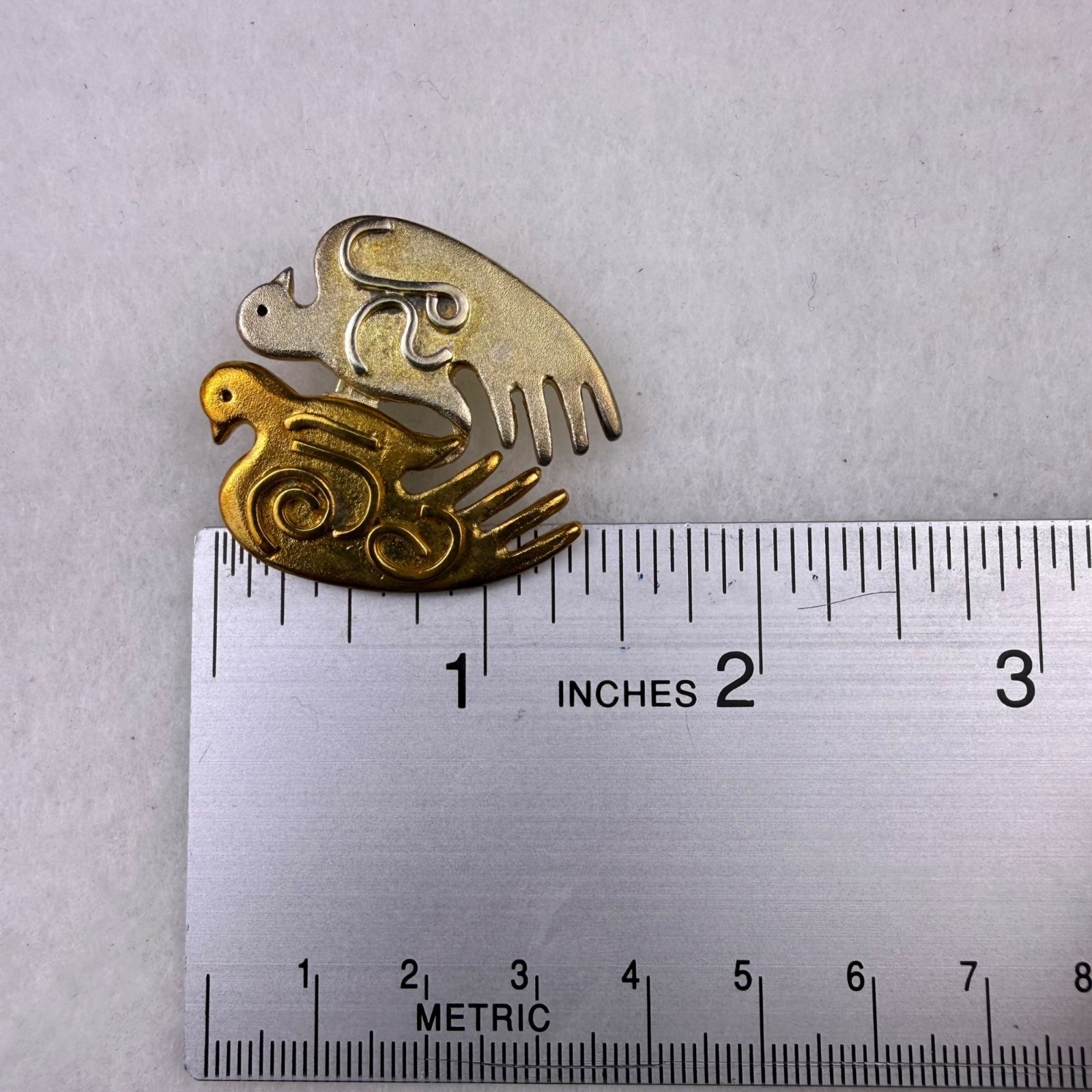 Unknown Gender Metal Gold Tone & Silver Tone Dual Bird Brooch Signed By Artist