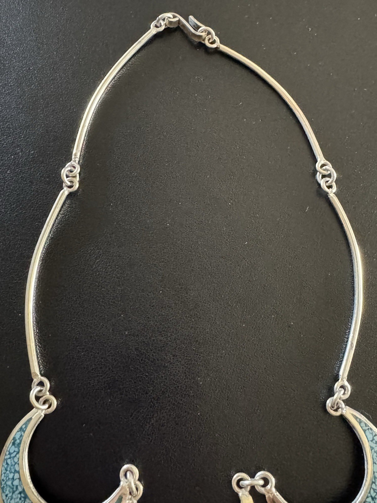 Vintage Southwestern Turquoise Inlay Statement Necklace 8”x4” 35g Silver Tone