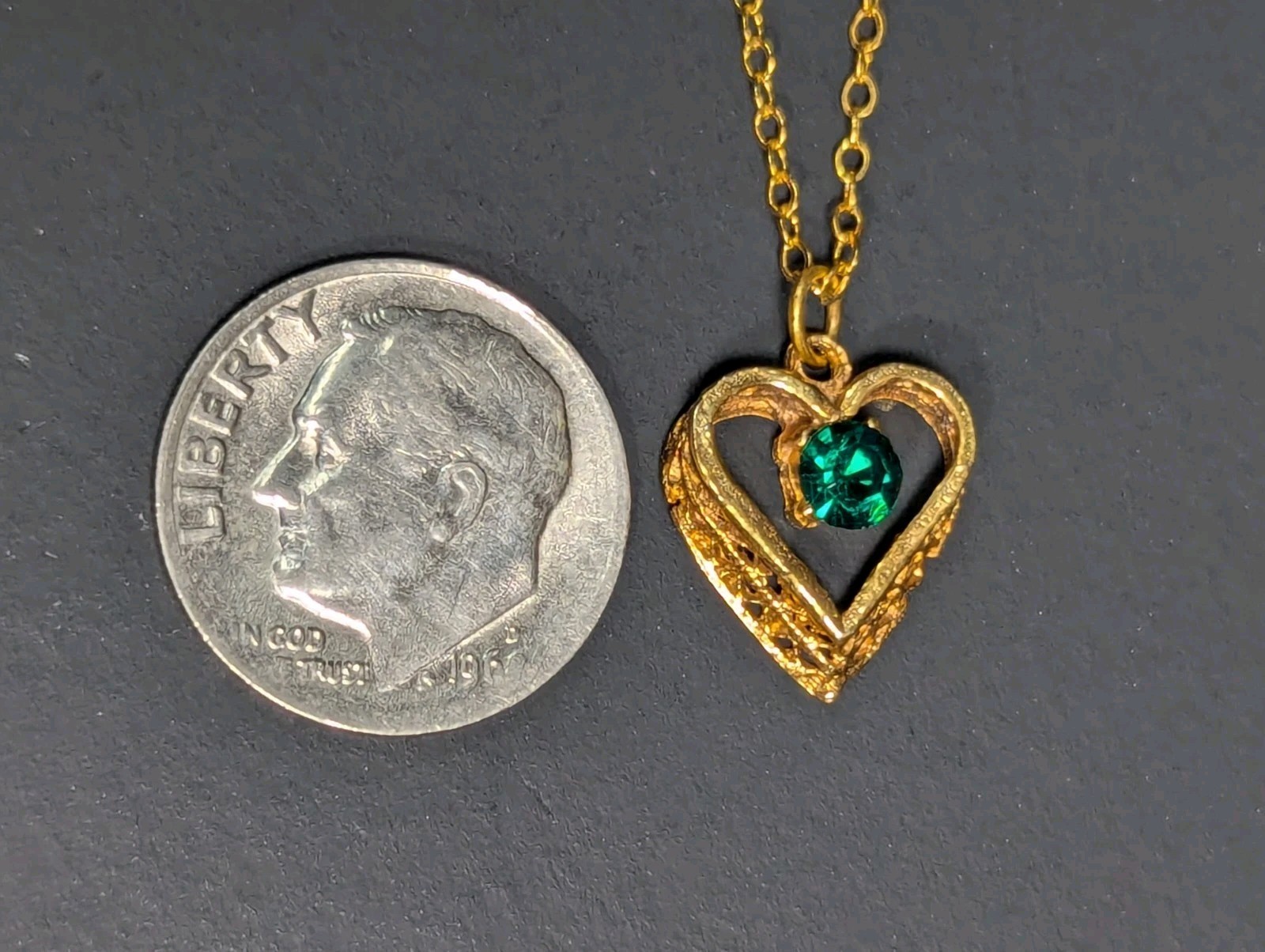 Vintage Gold Filled Chain Necklace 16″ Emerald Filigree Heart Pendant May