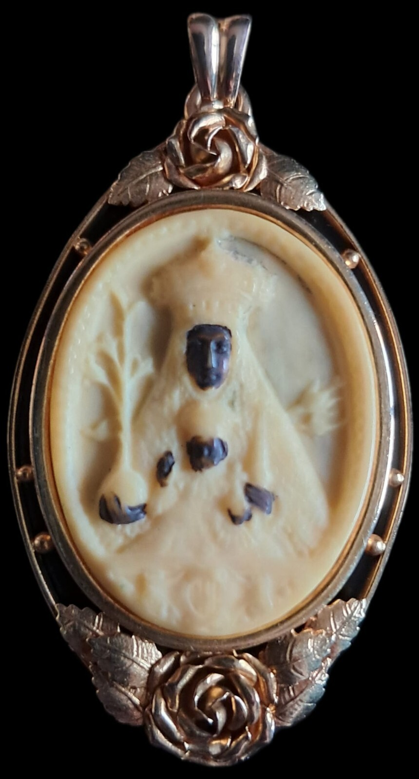 Fine Antique Art Nouveau 18K Gold Black Virgin Mary and Child Pendant Ca 1900