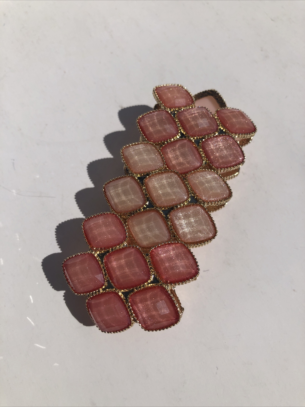 Pink Stone Stretch Cuff Bracelet Gold Tone Statement Piece Costume Jewelry