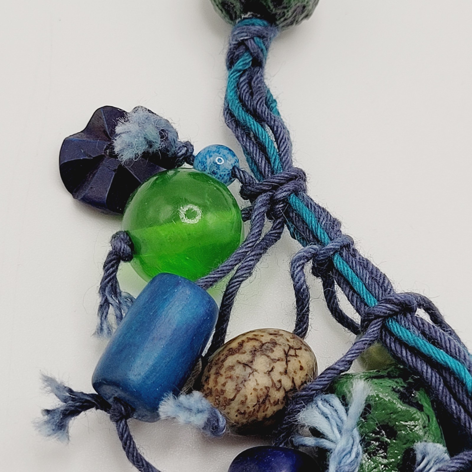 Eclectic Artsy Artisan Braided Cotton Mixed Material Beaded Vintage Necklace