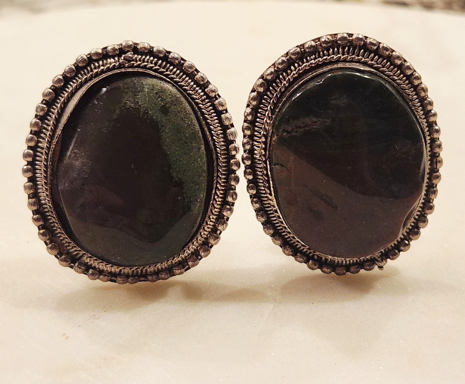 Vintage Clip On Earrings Green Brown Stone Silver Tone Boho Earthy Nature