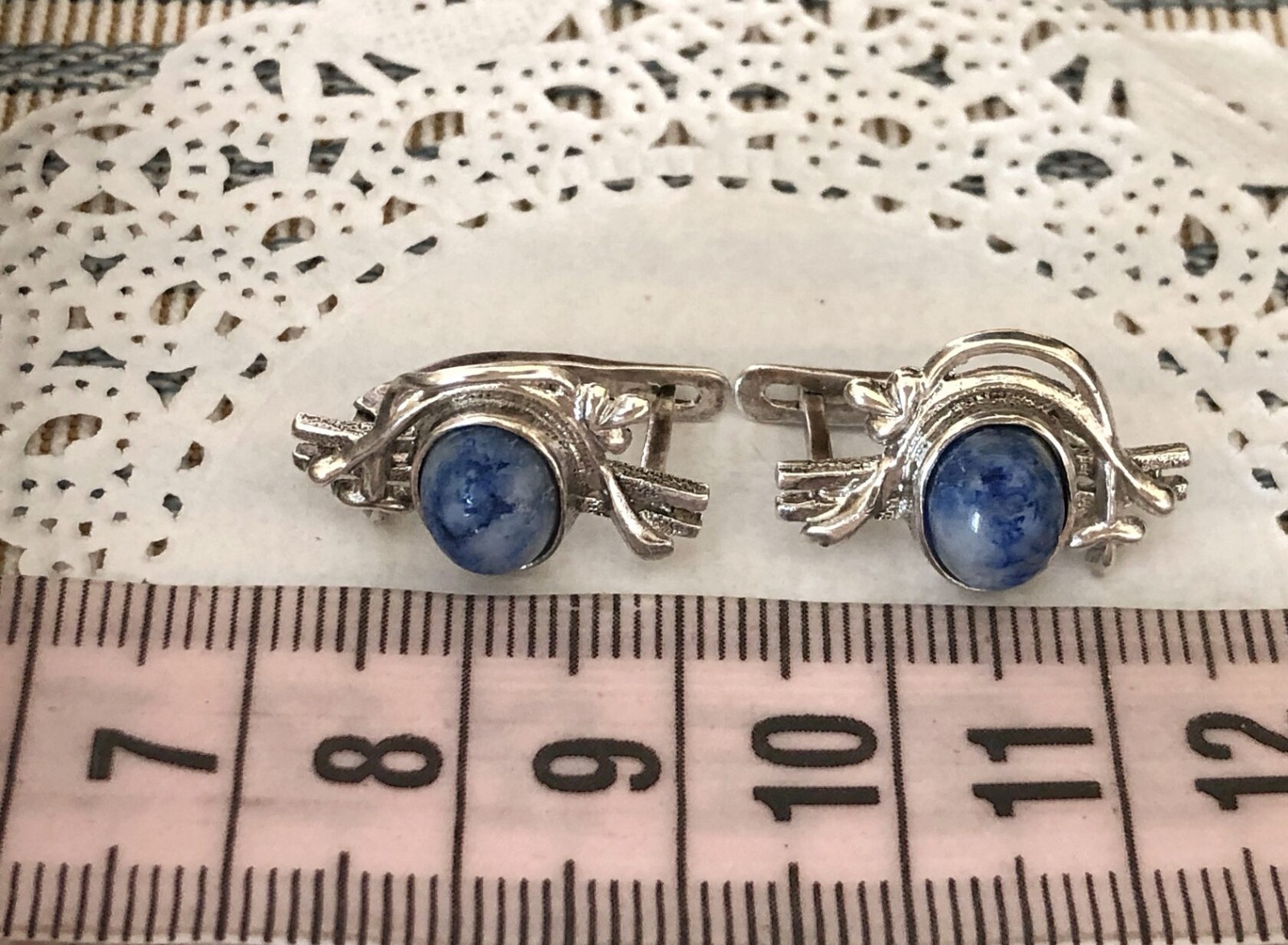 Estate Vintage Soviet Earrings Sterling Silver 925 Lapis Lazuli Jewelry USSR