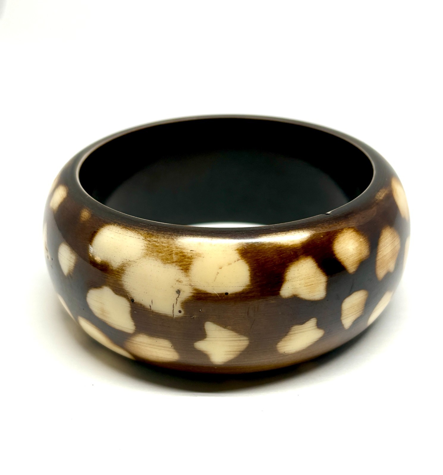 Vintage Chunky Animal Giraffe Print Brown White Acrylic Wide Bangle Bracelet