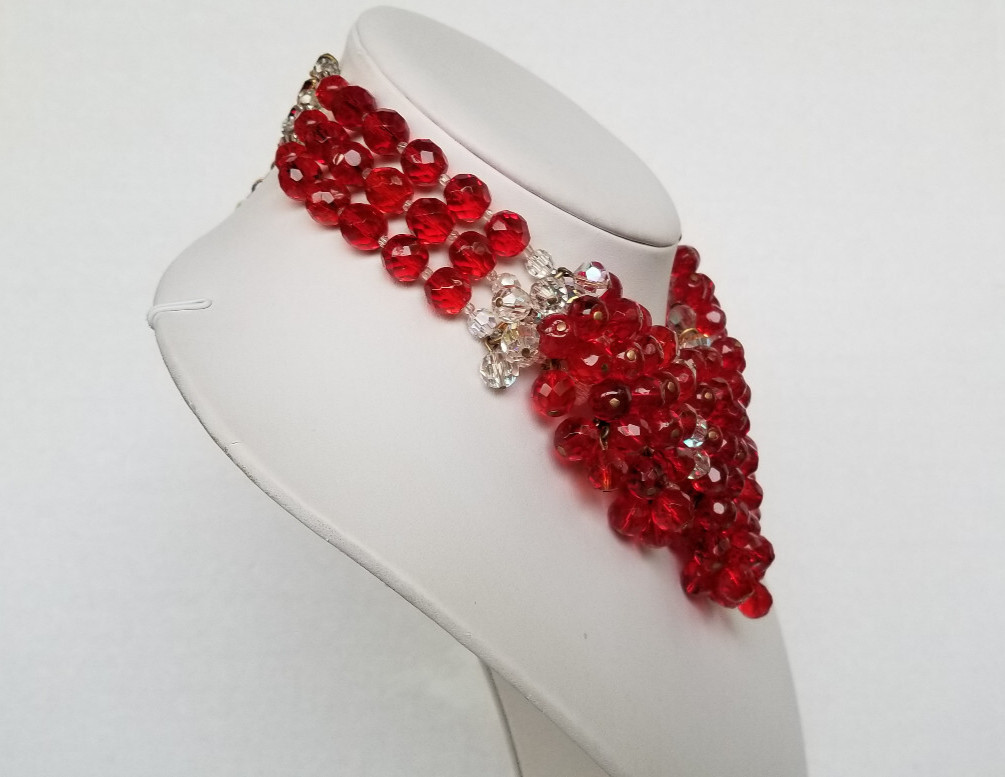 Vintage Signed France AB Bead & Red Glass Cluster Bead Necklace