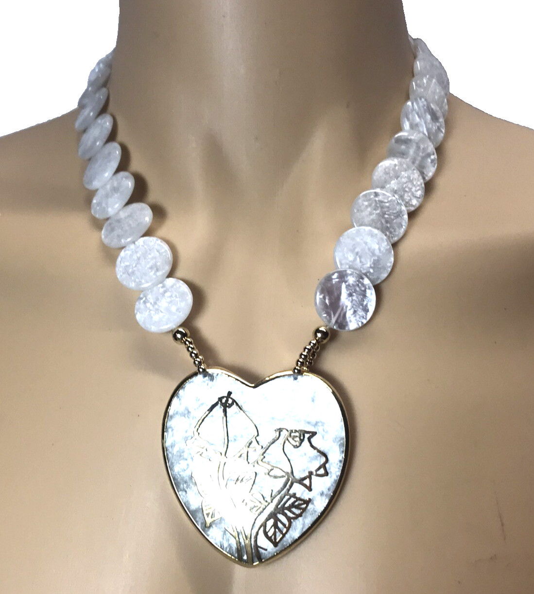 New Vintage White Lucite Statement Necklace Gold Tone Roses Made in Taiwan ROC