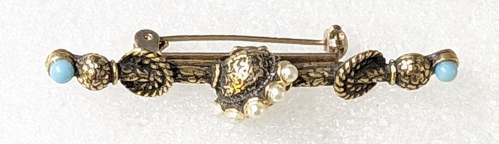 Vintage Etruscan Revival Seed Faux Pearls & Tiny Blue Cabs Bar style Brooch