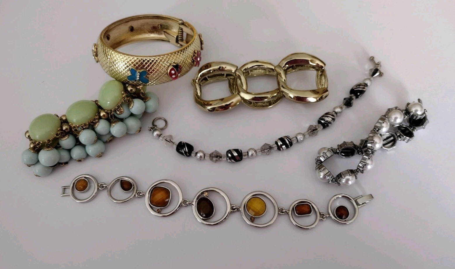 Vintage Lot of 6 Bracelets Dangling Beads Gold Tone 1 Signed Lia Sophia Wearable