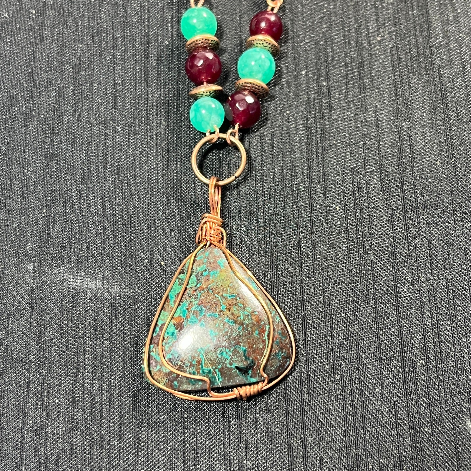 Chrysocolla Triangle 1 1/4″ Cabochon Copper Wrapped Carnelian Agate Necklace 20″