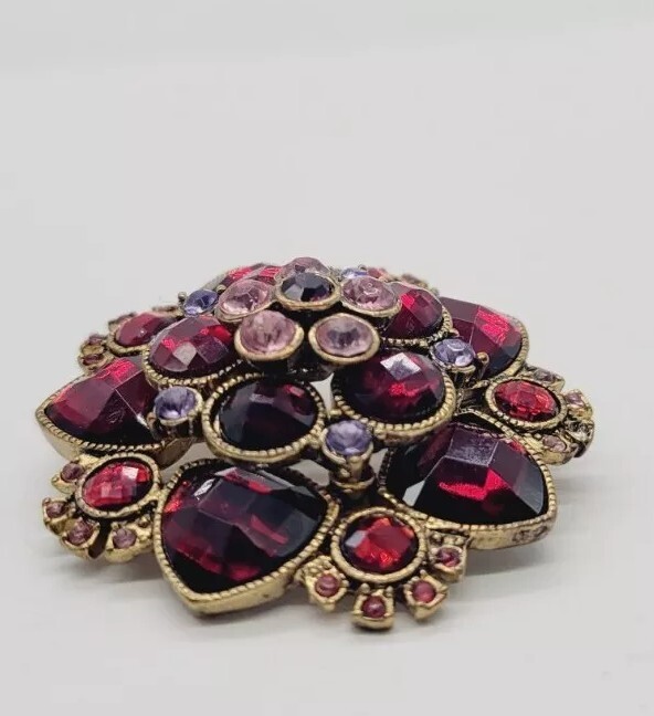 Flower Brooch Pin PURPLE pink Red Gold tone 1.75 in 3D Art Deco Vintage