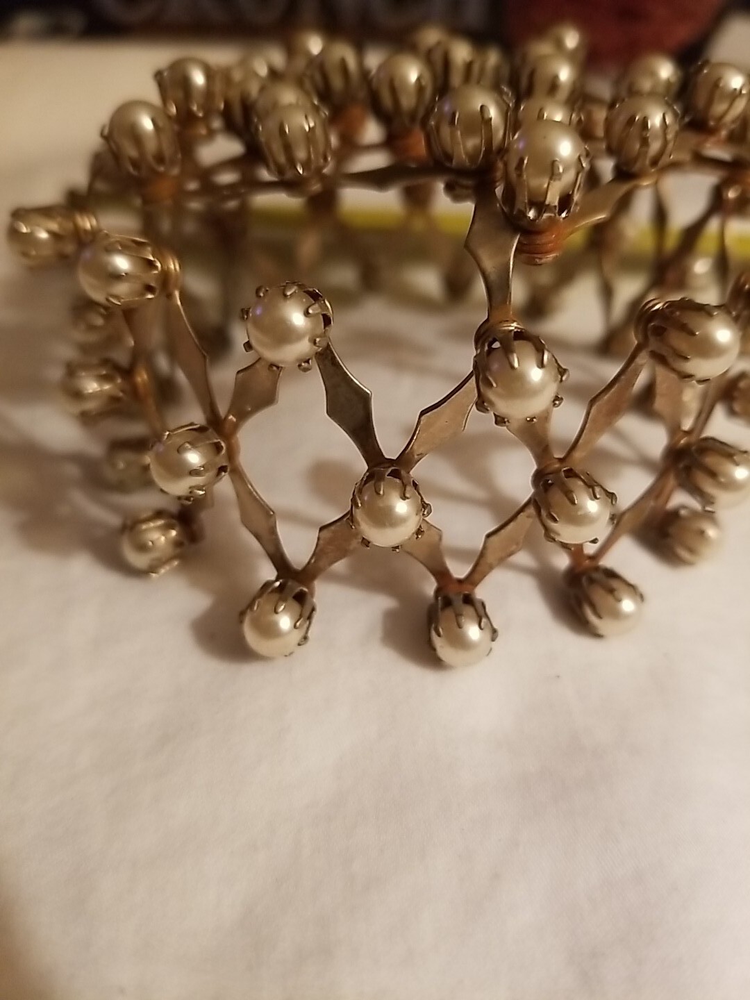 Vintage Expandable Gold Tone Chignon Bun Cage Adorned, Prong Set Pearls Wedding