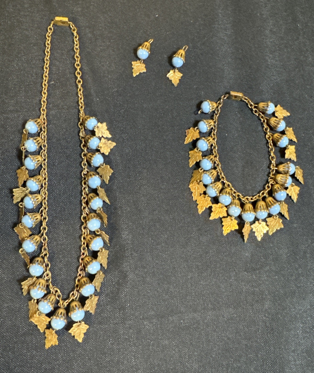 Vintage Flower-like Capped Blue Celluloid Balls w/ Leaves Necklace & Bracelet