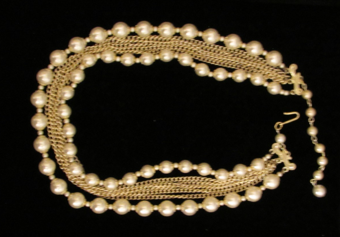 Multi Strand Choker with Faux Pearl Beads and Silver Tone Chains