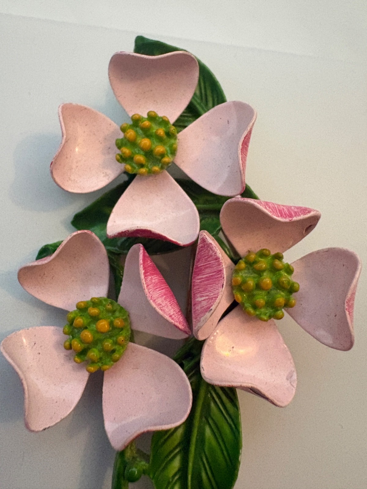 Vintage Pink and Green Enamel Dogwood Flower Brooch