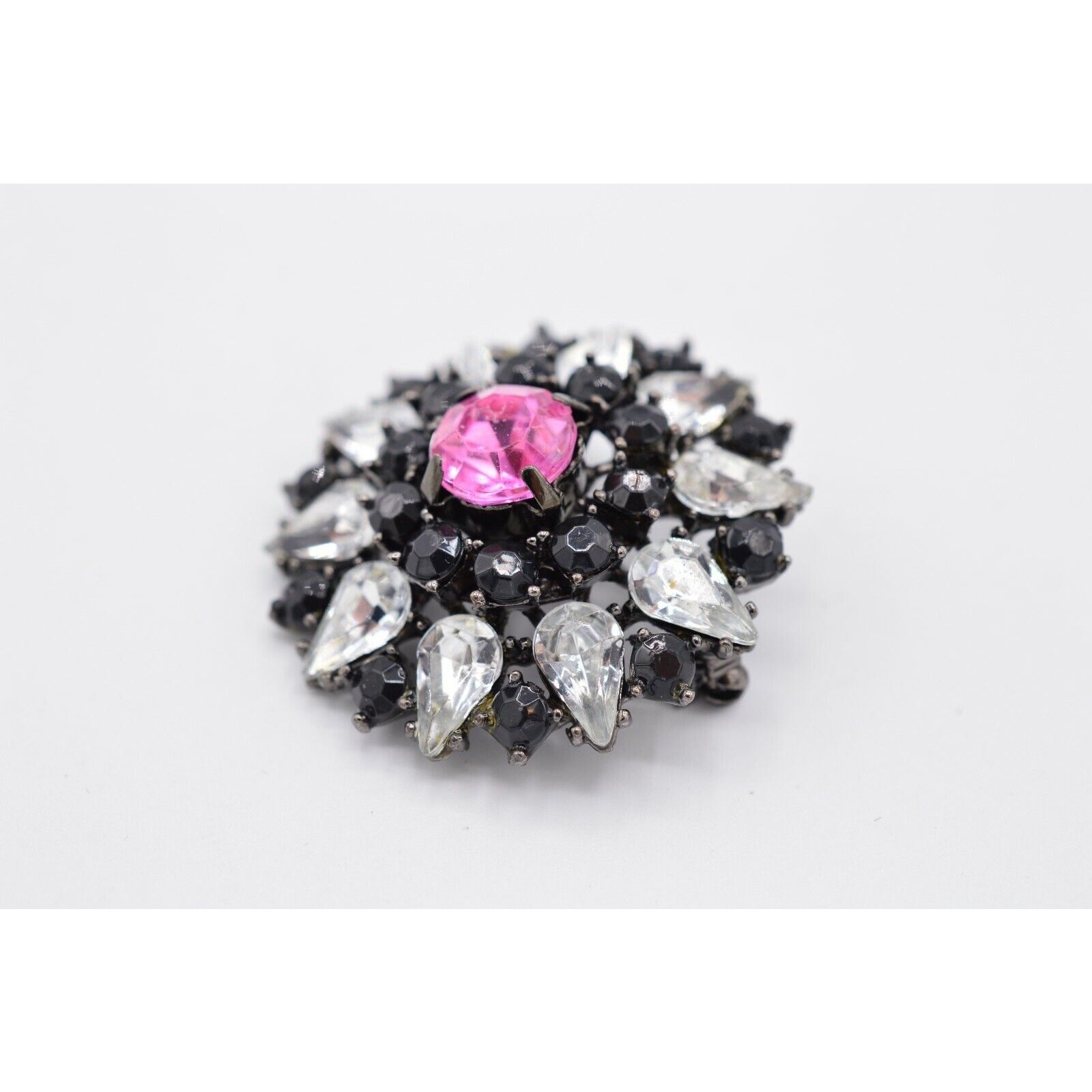 Vintage Pink Crystal Starburst Pin Brooch Rhinestone Black Gunmetal 1980s Bin5B